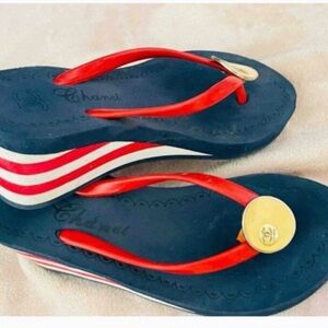 CHANEL Red and Navy Striped Wedge Thong Sandals with Gold Medallion